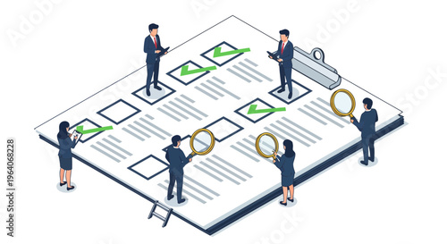 Business team working on giant checklist survey task management audit plan goal success data form document list report project