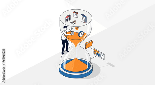 A man in big sand clock sets work plan to do fast and gain more