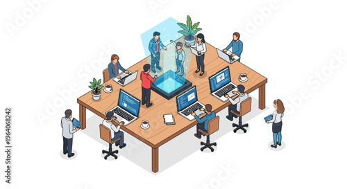 Modern isometric business team working on laptops with digital hologram at large desk in office space
