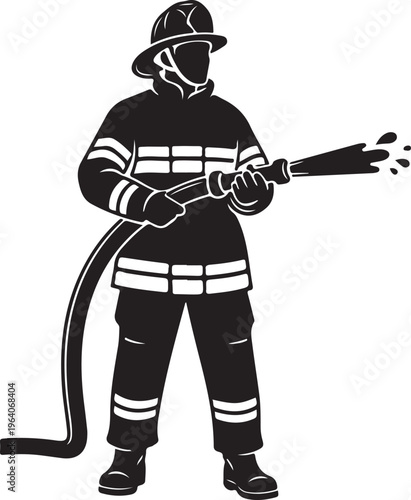 Firefighter spraying water from hose nozzle.