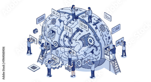 Artificial intelligence machine learning process with tiny people working on a mechanical brain vector illustration