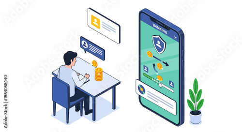 Isometric Man Sitting at Desk Using Mobile Banking App on Smartphone for Online Transaction and Secure Digital Payment Service