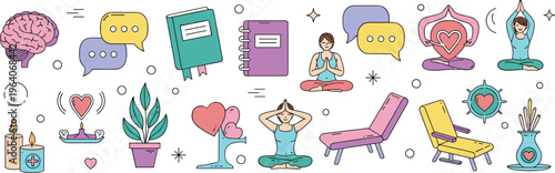 Comprehensive mental health wellness icon set featuring meditation yoga poses brain health journaling candles and self care elements for therapy