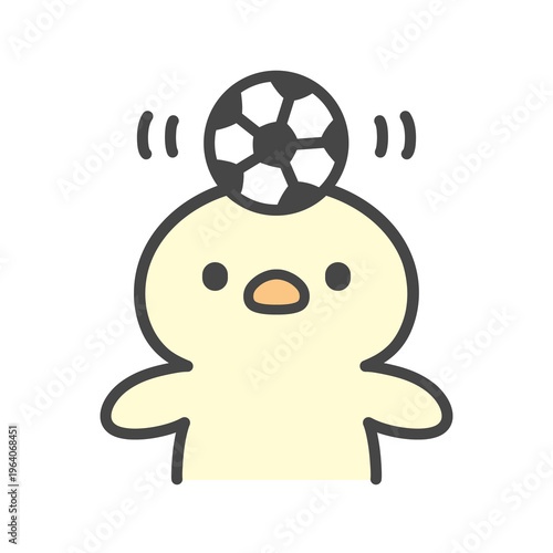 サッカーボールを頭に乗せて遊ぶかわいいひよこの手書きイラスト