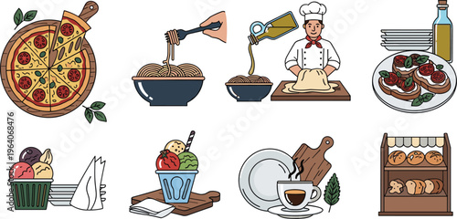 Hand drawn Italian food illustration set featuring pizza, pasta, chef kneading dough, bruschetta, gelato, espresso, and bakery items for restaurant branding