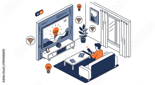 Smart home living room scene with man watching television using wireless internet connection wifi technology concept for modern digital lifestyle illustration