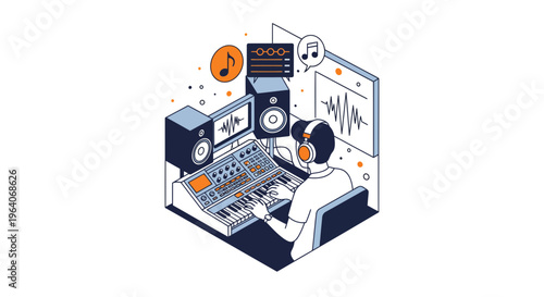 Man making music at a desk with a synth and pro gear in a home studio