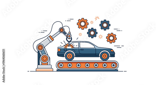 Automated car assembly line with robotic arm welding vehicle on conveyor belt in industrial factory plant