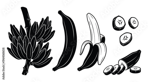 Bunch of bananas peeled banana whole fruit and slices on transparent background isolated