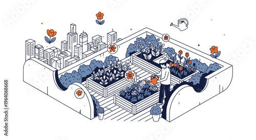 Man Watering Plants In Urban Rooftop Garden For Green Life Healthy City Home Farm Growth Art