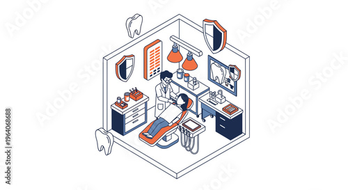 Professional dentist treating patient in modern isometric dental clinic room with medical equipment and tooth icons