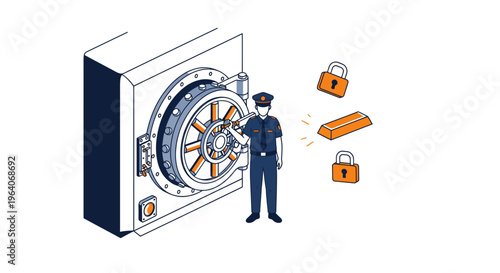 Security guard protecting bank vault with gold bars and lock icons for financial safety and asset protection