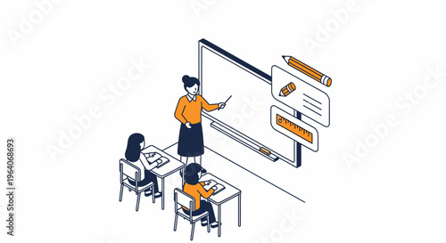 A teacher and a kid at a school in a class room isometric vector art