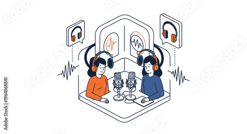 Two women recording professional audio podcast with microphones and headphones in a modern studio booth