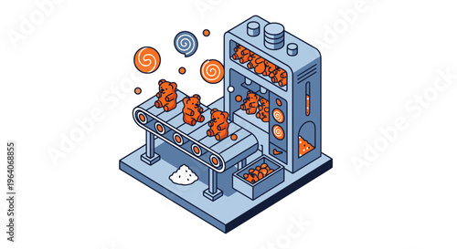 Automated gummy bear factory candy machine conveyor belt line orange