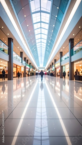 A modern, well-lit shopping mall interior with a long, reflective walkway and people browsing shops.