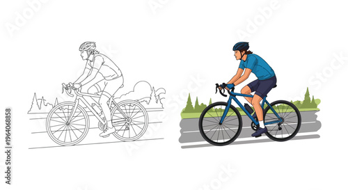 Vector graphic illustration of a man actively cycling on a road, wearing a helmet and sportswear, demonstrating fitness and outdoor activity.