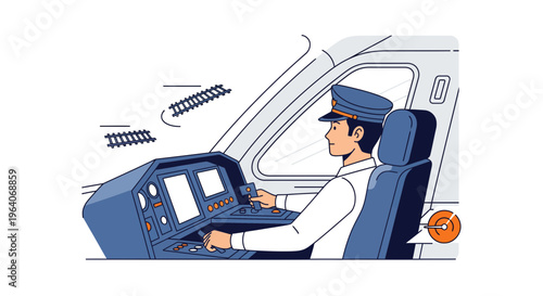 A man as train driver sits in a cab to control the engine and track