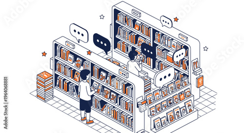 A boy and kid look at books on shelf in shop with speech bubble stars