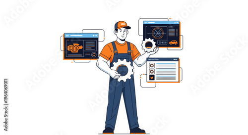 Auto tech man fix car gear tool work job part data info pro app web
