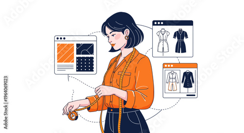 Female fashion designer using digital tools and measuring tape to create modern stylish dress patterns