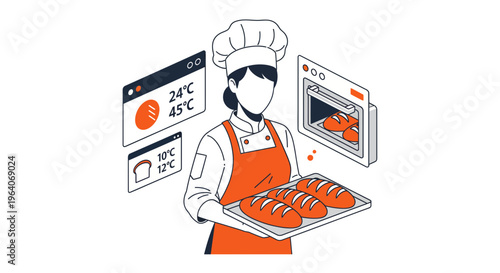 Professional female chef in uniform holding tray of fresh hot bread near oven in a modern commercial bakery kitchen