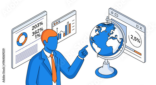 A man in suit with globe and chart for global work and big sale growth