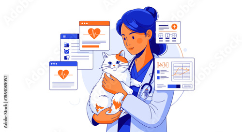 Vet lady and cat with data for pet health care in flat design style art