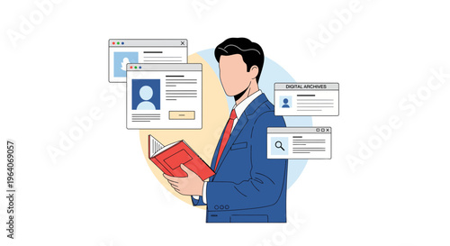 Man use book and data for work info search tech web site user app page