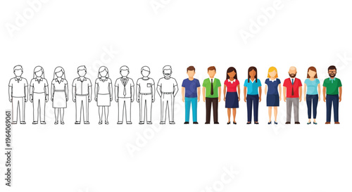 Vector graphic illustration contrasting outlined and fully colored diverse team members representing collaboration and human resources