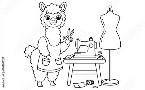 Cute llama wearing an apron holding scissors next to a sewing machine and mannequin