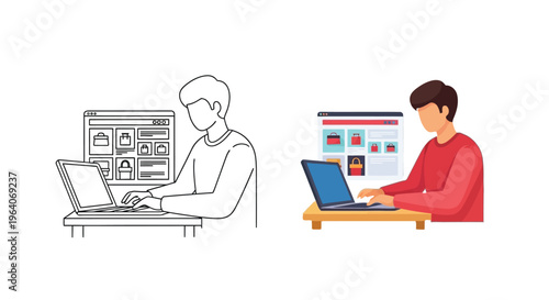 Vector illustration of a focused man using a laptop for online shopping or secure digital commerce transactions