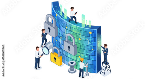 Professional IT team performing digital security audit on network firewall system for data protection and privacy management