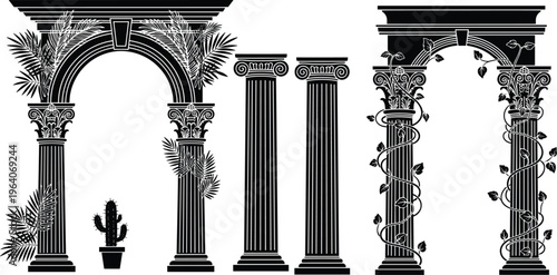 Black and white illustration of classical architectural elements featuring Greek and Roman columns, Corinthian arches, Ionic capitals, and decorative plants blending structure with nature.