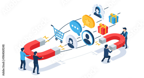 Small team of men use big red magnets to get new sales and web lead