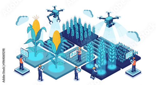 Smart agriculture concept with farmers using digital tablets and drones to monitor crop in field