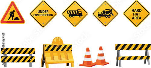 Construction safety signs and barriers collection including under construction warnings, traffic cones, hard hat area, dump truck, cement mixer, and striped barricades illustration