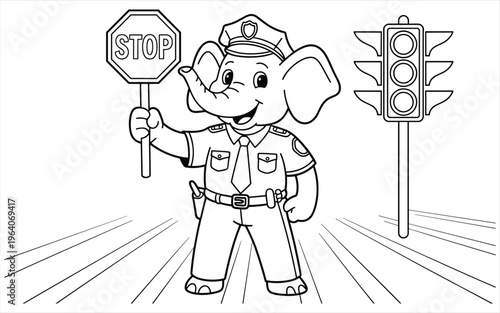 Elephant police officer holding a stop sign with traffic light coloring page