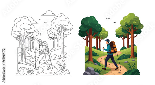 An adventurous male backpacker equipped with trekking poles traverses a scenic forest trail, perfect for outdoor recreation vector design.