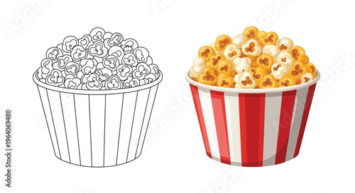 Vector graphic illustration showcasing a colorful movie theater popcorn bucket next to a black and white outline version