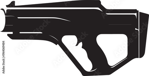 Futuristic weapon vector illustration, sci fi gun silhouette, technology blaster line art