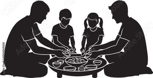 Family sharing food at dinner table.