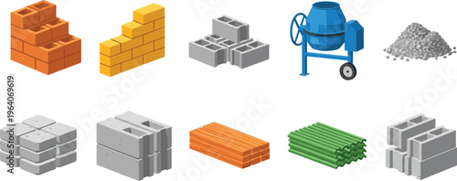Illustration of construction materials and equipment including bricks, concrete blocks, cement mixer, gravel, slabs, beams, and rods representing building and masonry work components.