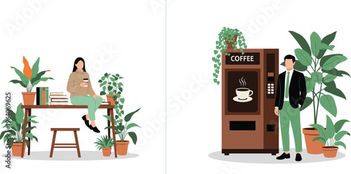Illustration of coffee lifestyle scenes showing person at desk with plants enjoying drink and another at vending machine surrounded by greenery.