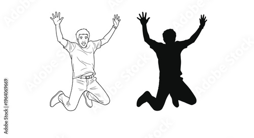 Happy young man in a dynamic vector graphic illustration jumping high with arms raised, celebrating success and freedom, a joyful design.