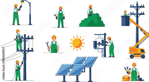 Illustration of electrical and utility workers performing tasks including fixing streetlights, power lines, solar panels, and equipment maintenance representing energy infrastructure and renewable 