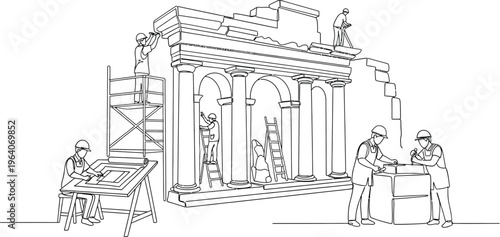 workers repairing ancient architecture