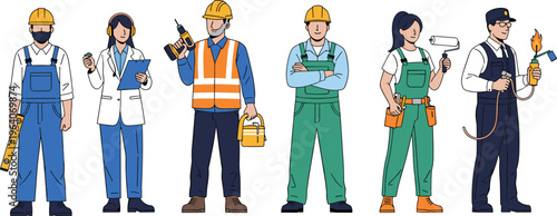 Illustration of diverse construction and labor professions including engineer, foreman, painter, welder, and workers with tools representing teamwork, industry, and skilled trades.