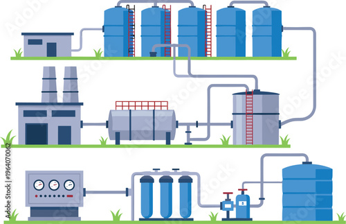 Illustration of industrial water treatment plant with tanks, pipes, pumps, filters, and control systems representing purification, filtration, and distribution process in engineering infrastructure.