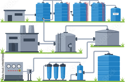 Illustration of industrial water treatment plant with tanks, pipes, filters, and control systems representing purification, filtration, wastewater management, and safe water distribution